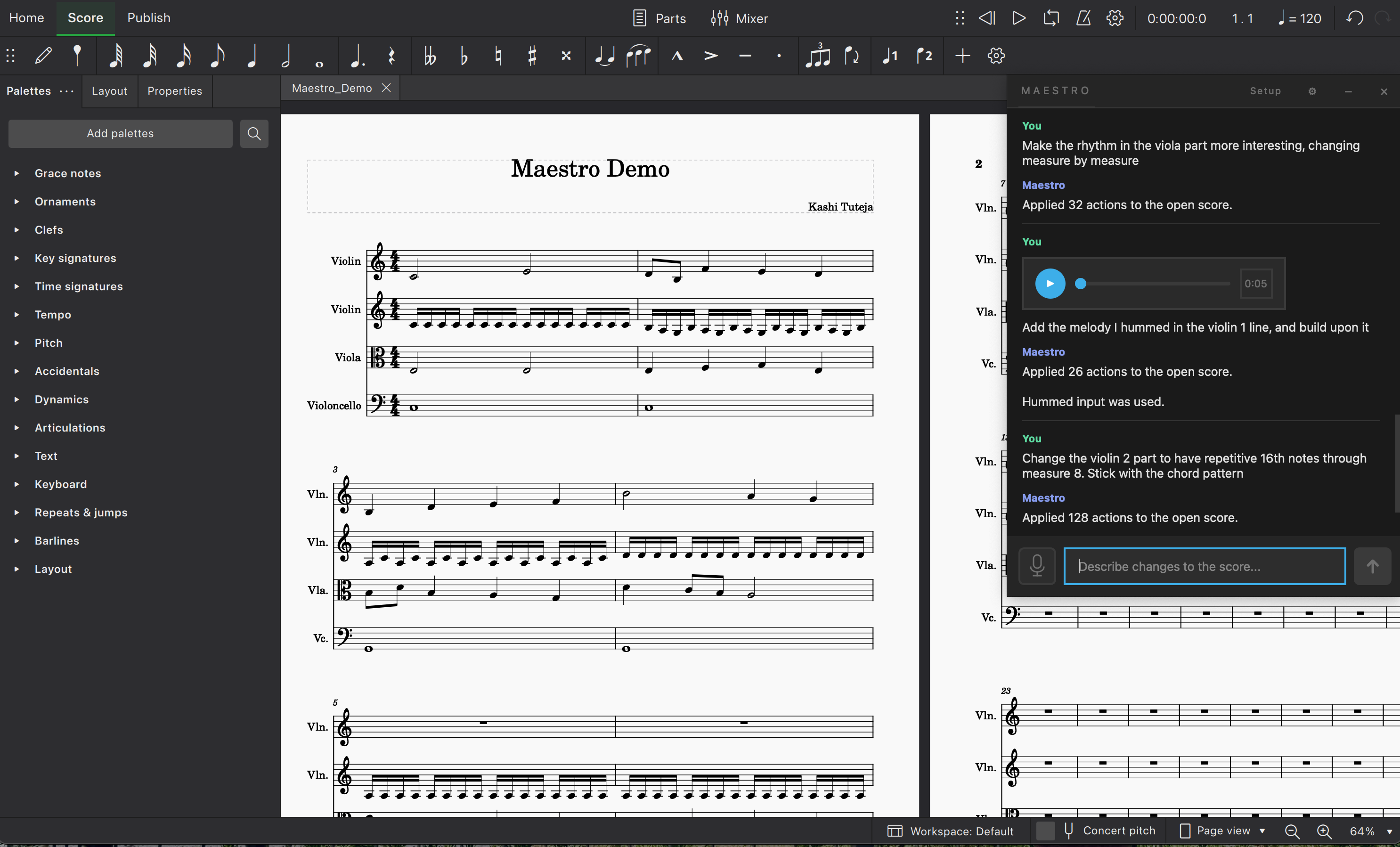 MuseScore open with Maestro docked on the right, showing live AI-assisted score editing.